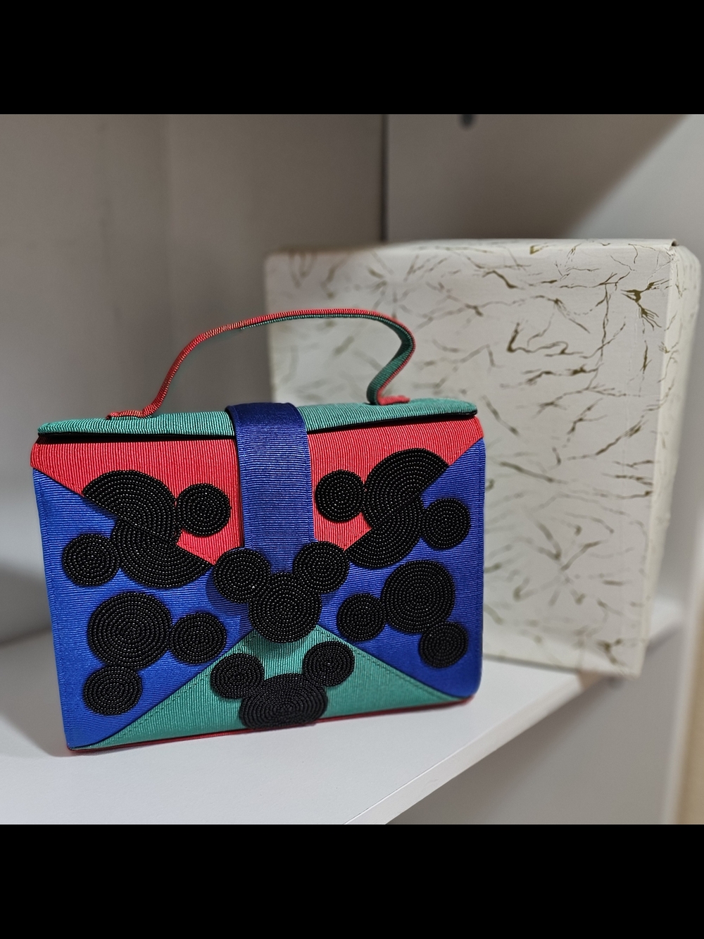 Vintage Disney Colorblock Beaded Top-Handle Clutch in Blue, Red & Green